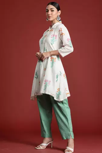 Off white printed pure cotton kurta trouser set