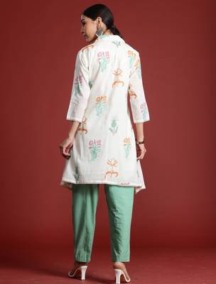 Off white printed pure cotton kurta trouser set 3