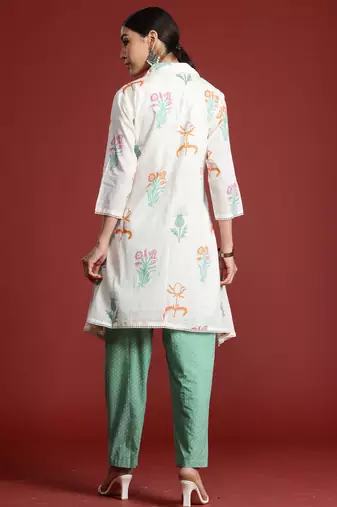 Off white printed pure cotton kurta trouser set