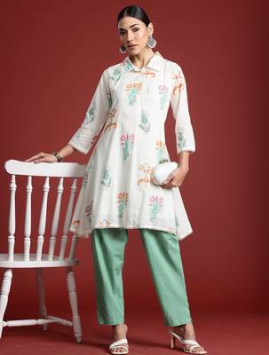 Off white printed pure cotton kurta trouser set 4