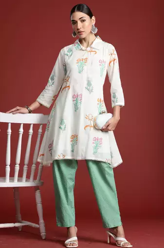 Off white printed pure cotton kurta trouser set