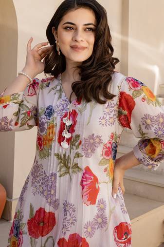 White printed pure cotton kurta trouser set