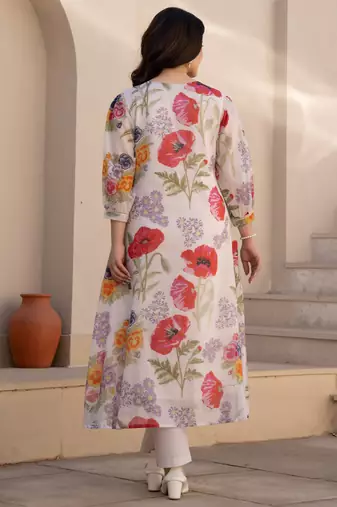 White printed pure cotton kurta trouser set