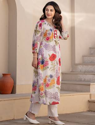 White printed pure cotton kurta trouser set 3