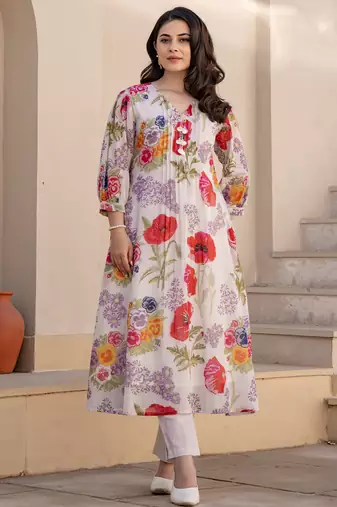 White printed pure cotton kurta trouser set
