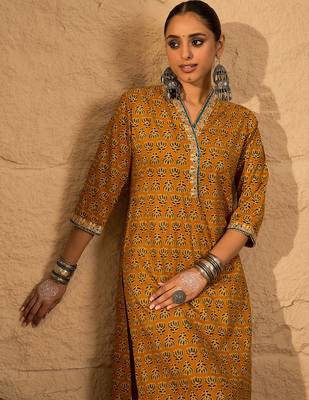 Mustard printed pure cotton kurta trouser set 1