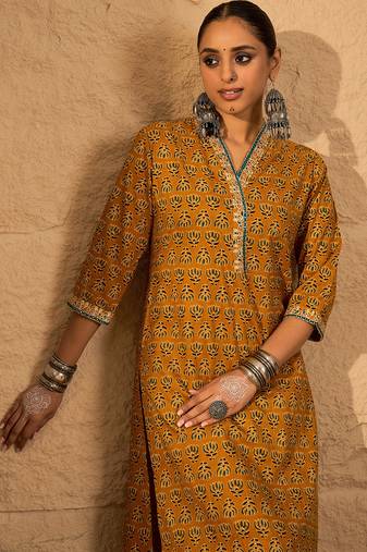 Mustard printed pure cotton kurta trouser set