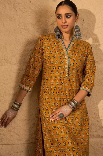 Mustard printed pure cotton kurta trouser set