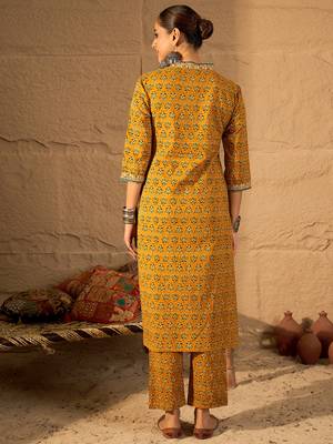 Mustard printed pure cotton kurta trouser set 2