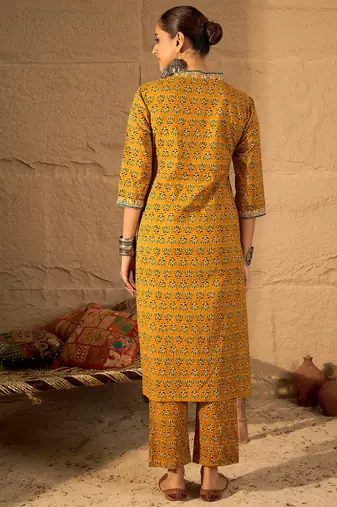 Mustard printed pure cotton kurta trouser set