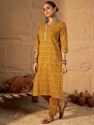 Mustard printed pure cotton kurta trouser set 3