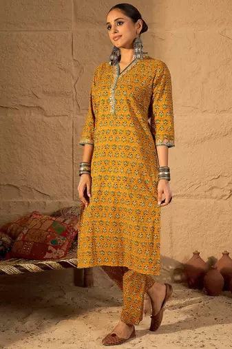 Mustard printed pure cotton kurta trouser set