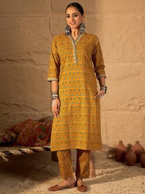 Mustard printed pure cotton kurta trouser set 4
