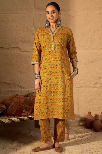 Mustard printed pure cotton kurta trouser set