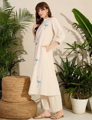 Off white embroidered pure cotton kurta trouser set 3
