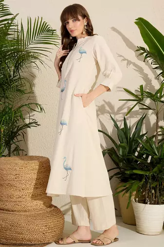Off white embroidered pure cotton kurta trouser set