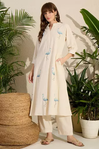 Off white embroidered pure cotton kurta trouser set