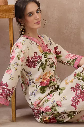 Beige printed pure cotton kurta trouser set