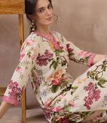 Beige printed pure cotton kurta trouser set
