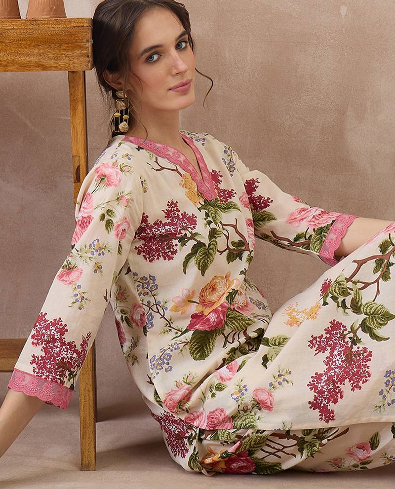 Beige printed pure cotton kurta trouser set