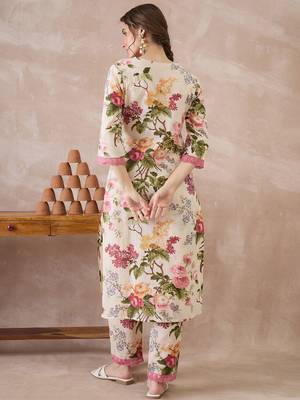 Beige printed pure cotton kurta trouser set 2