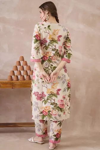 Beige printed pure cotton kurta trouser set