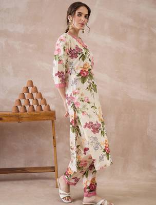 Beige printed pure cotton kurta trouser set 3