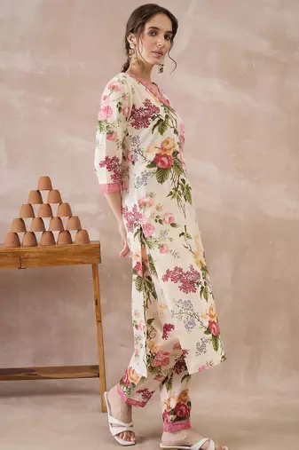 Beige printed pure cotton kurta trouser set