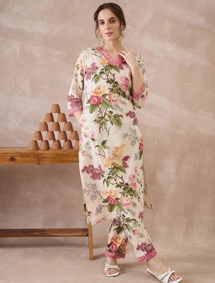 Beige printed pure cotton kurta trouser set 4