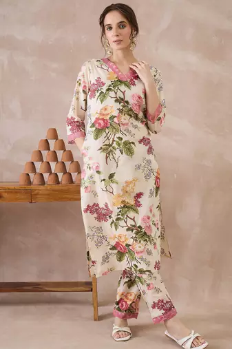 Beige printed pure cotton kurta trouser set
