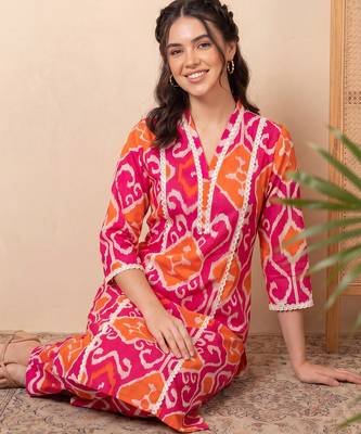 Pink printed pure cotton kurta trouser set 1
