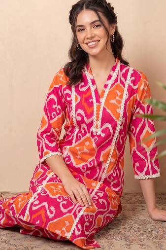 Pink printed pure cotton kurta trouser set