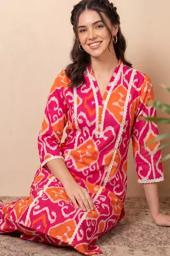Pink printed pure cotton kurta trouser set
