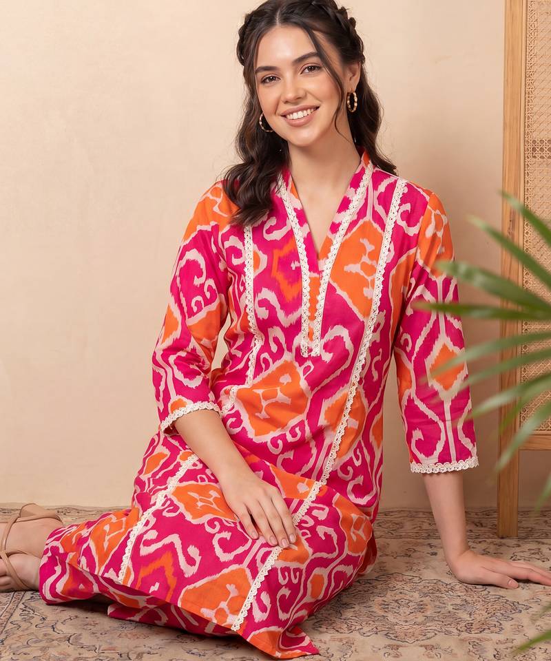 Pink printed pure cotton kurta trouser set