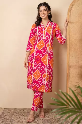 Pink printed pure cotton kurta trouser set