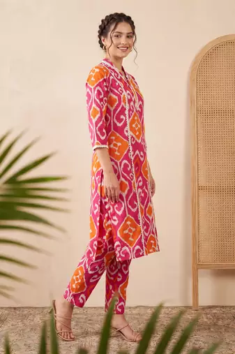 Pink printed pure cotton kurta trouser set