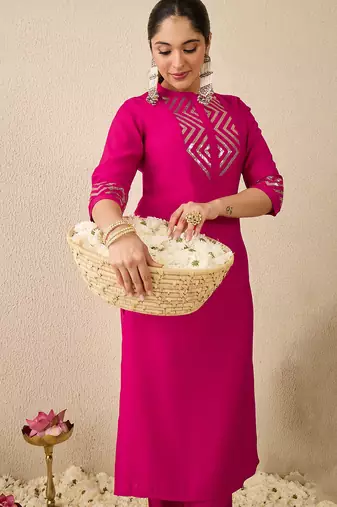 Pink embroidered silk kurta trouser set