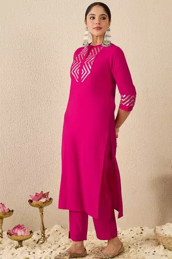 Pink embroidered silk kurta trouser set