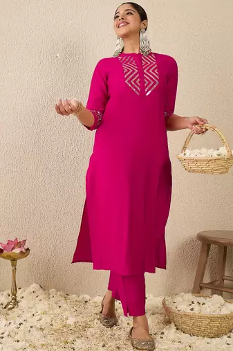 Pink embroidered silk kurta trouser set