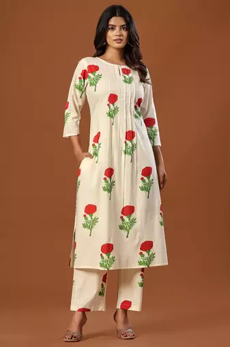 Off white printed pure cotton kurta trouser set
