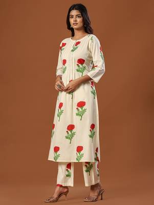 Off white printed pure cotton kurta trouser set 3