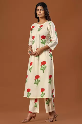 Off white printed pure cotton kurta trouser set