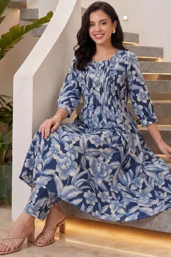 Blue printed pure cotton kurta trouser set