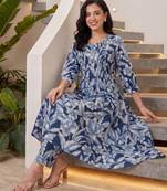 Blue printed pure cotton kurta trouser set