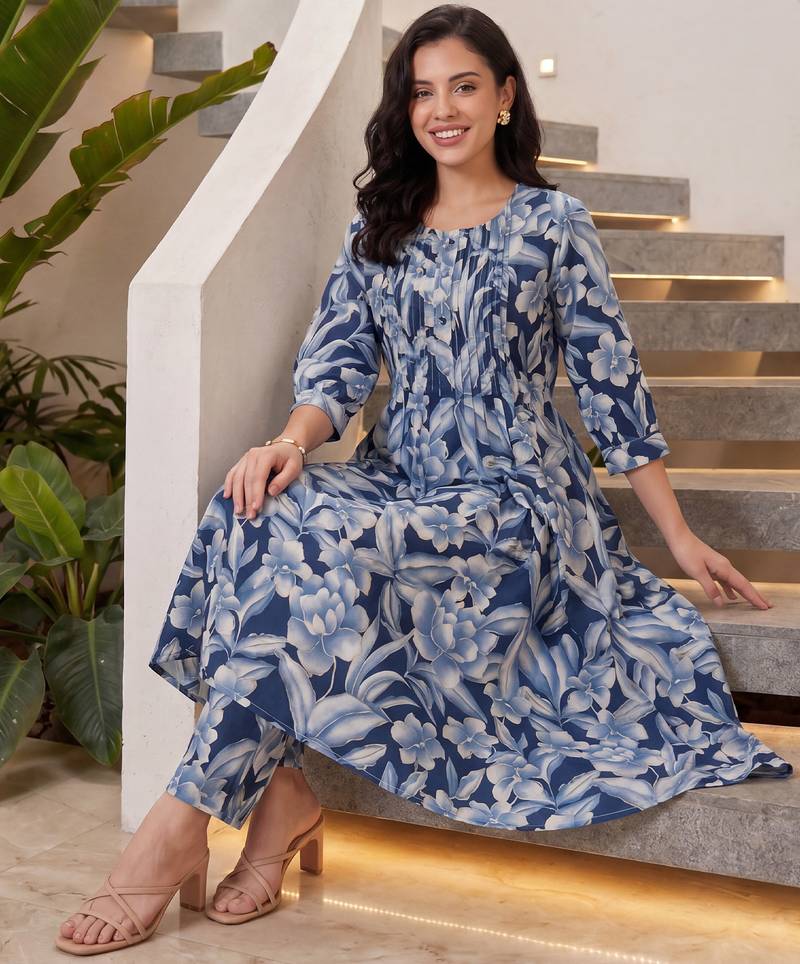 Blue printed pure cotton kurta trouser set