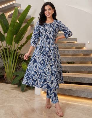 Blue printed pure cotton kurta trouser set 2