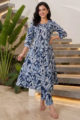 Blue printed pure cotton kurta trouser set