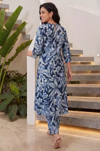 Blue printed pure cotton kurta trouser set