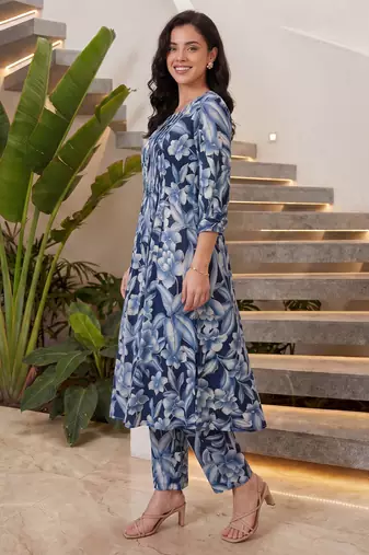 Blue printed pure cotton kurta trouser set