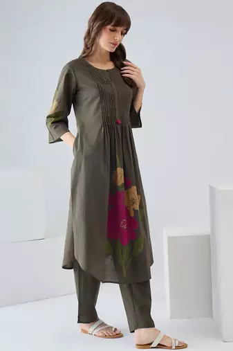 Green printed pure cotton kurta trouser set